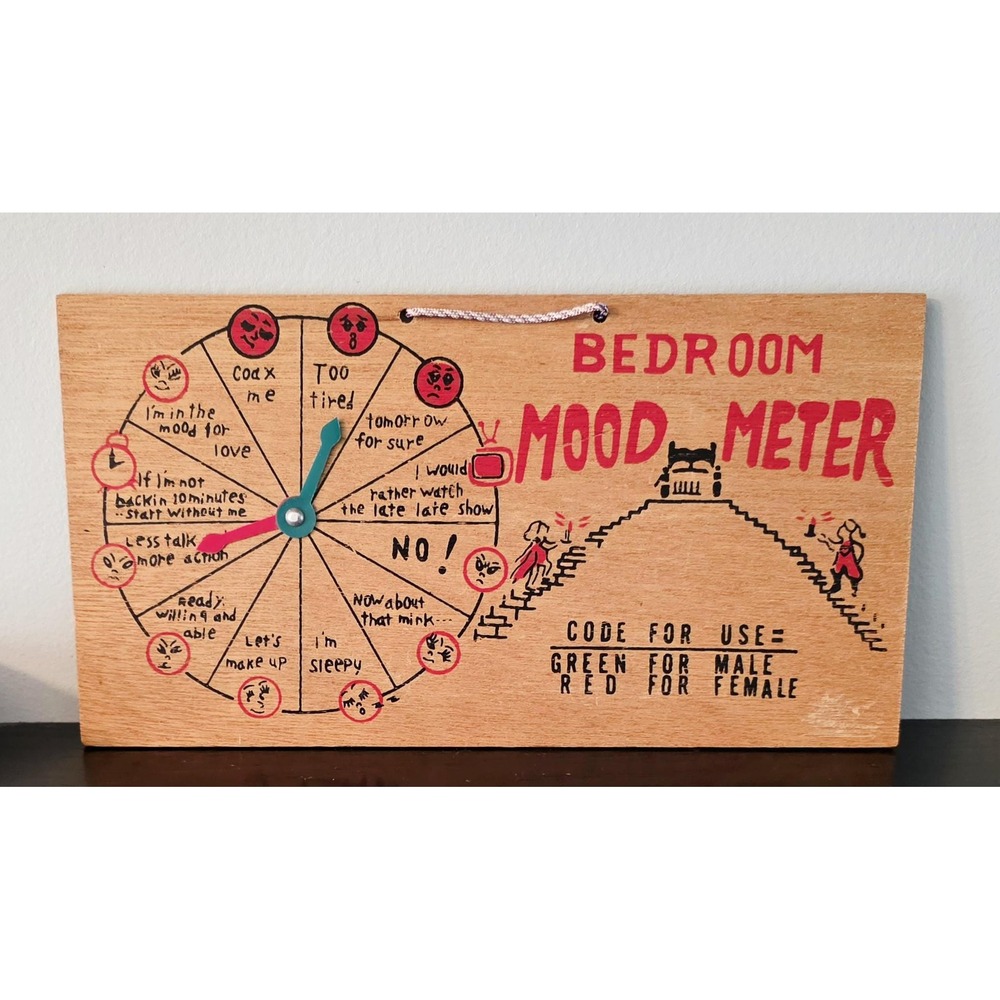 Hilarious Vintage 1960s Wooden "Bedroom Mood Meter" Novelty Plaque